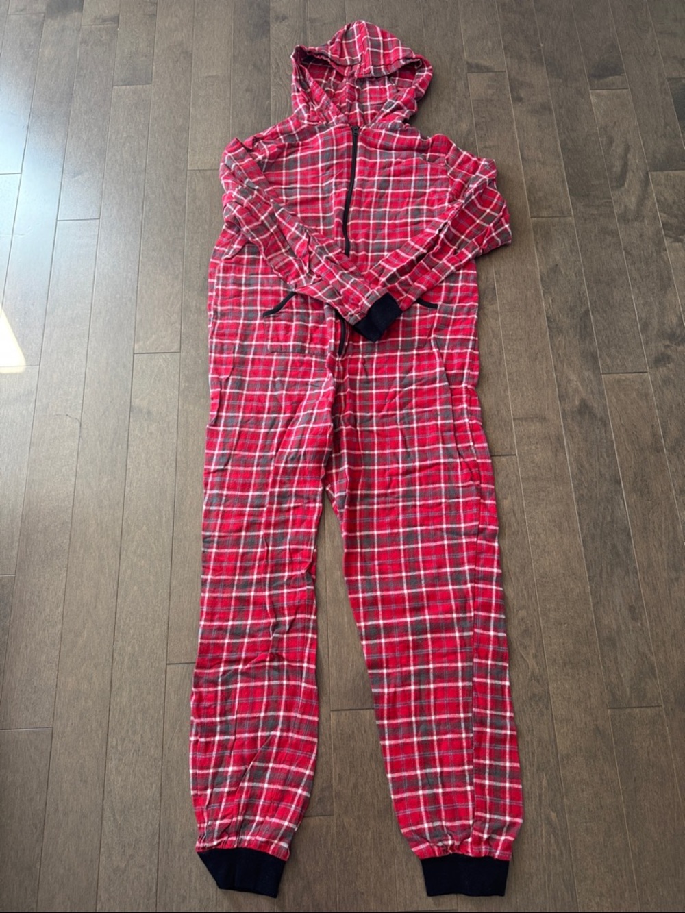 Women's Red Plaid Hooded One-Piece Pajama Jumpsuit